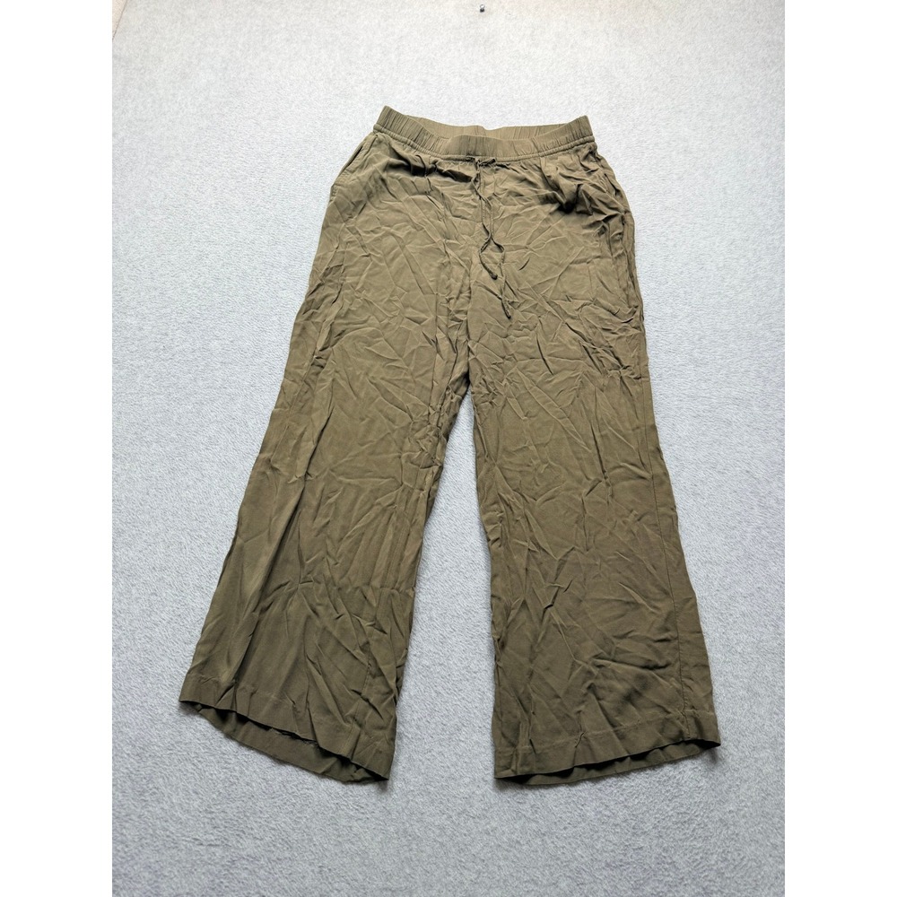 H&M Women Olive Green Wide Leg Viscose Drawstring Elastic Waist Pants Size S